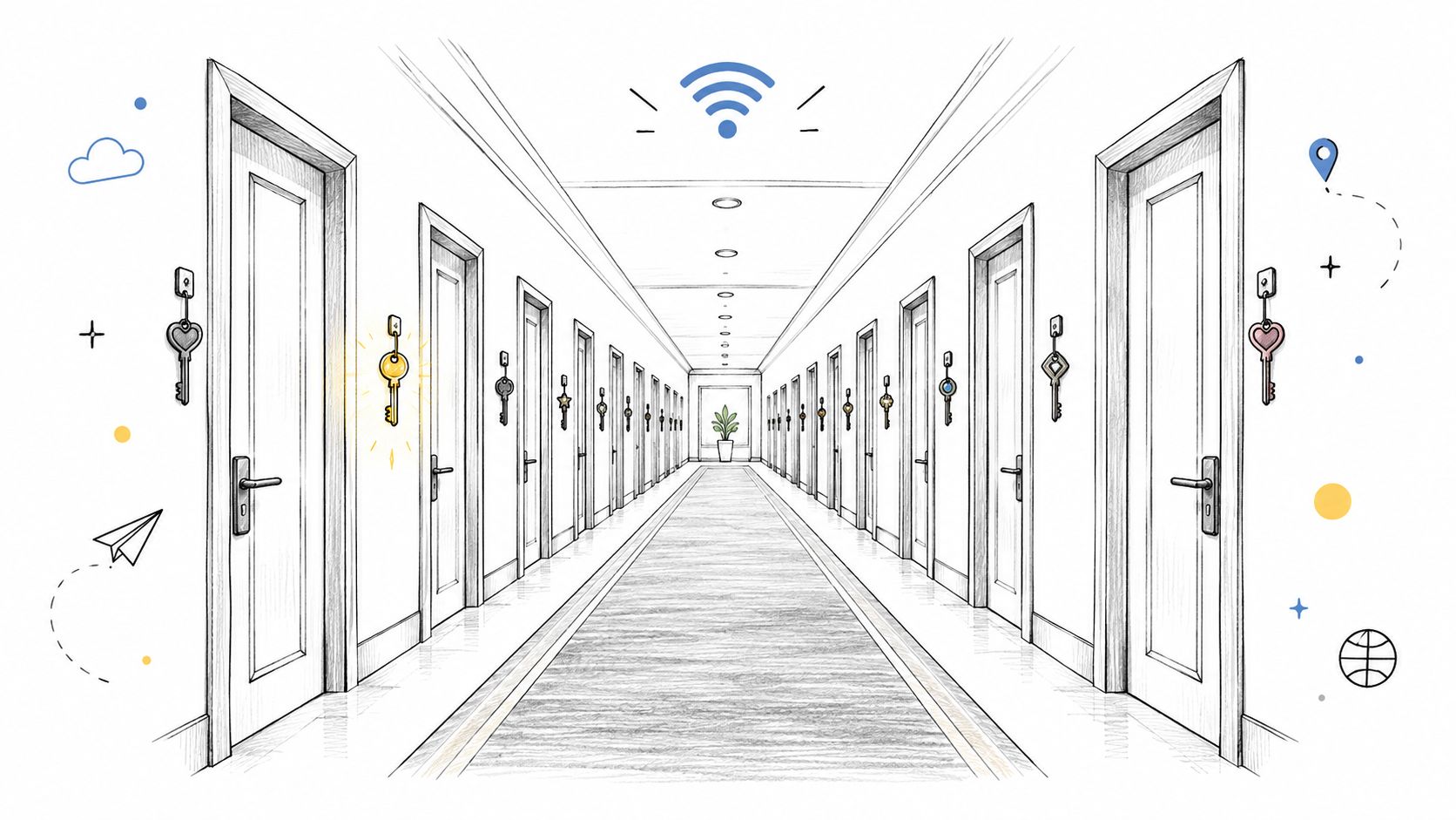 Un long couloir d'un immeuble multifamilial avec des portes munies de clés et un symbole WiFi central.