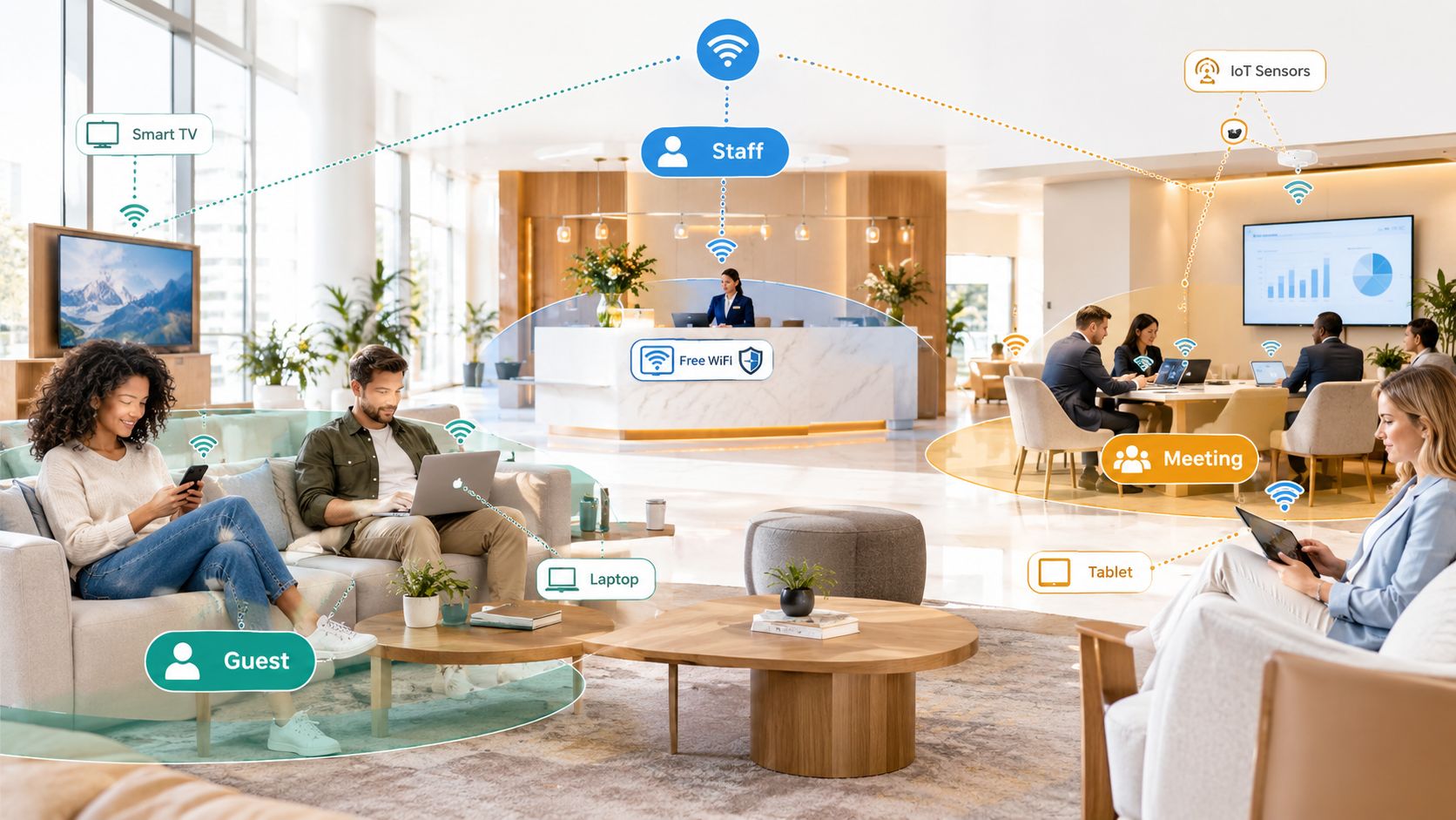 A modern hotel lobby showing staff and guests using various devices connected to a wireless network system.