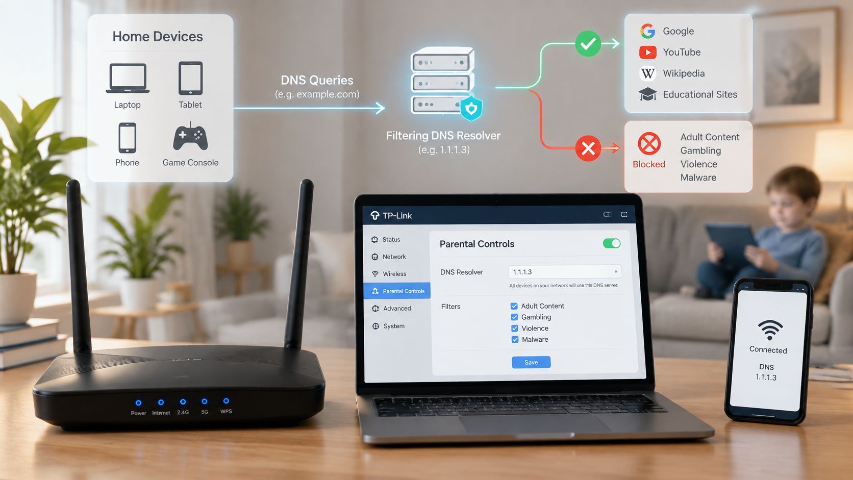 A diagram illustrating how a router applies parental controls to filter DNS queries and block inappropriate internet content.