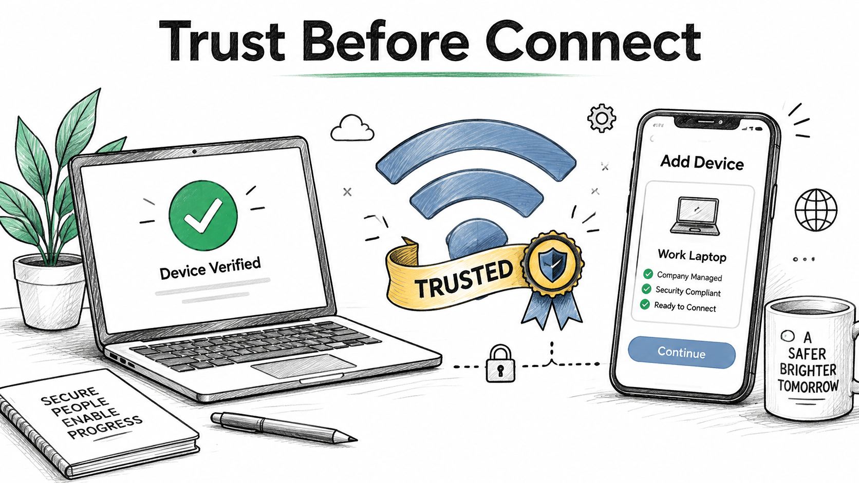 A hand-drawn illustration depicting secure device authentication featuring a laptop, smartphone, and a trusted WiFi connection symbol.