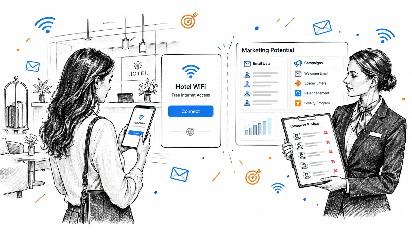 A woman connecting to hotel WiFi while a hotel staff member manages guest marketing data on a clipboard.