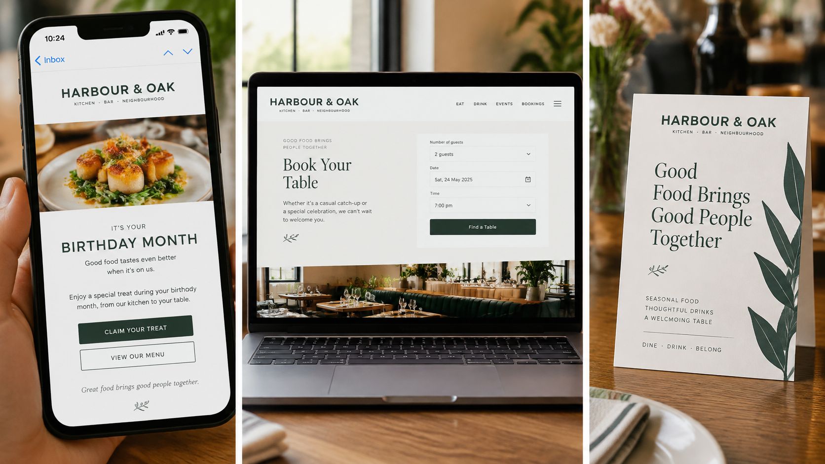 A digital brand kit for Harbour & Oak restaurant displayed on a smartphone, laptop, and printed table card.