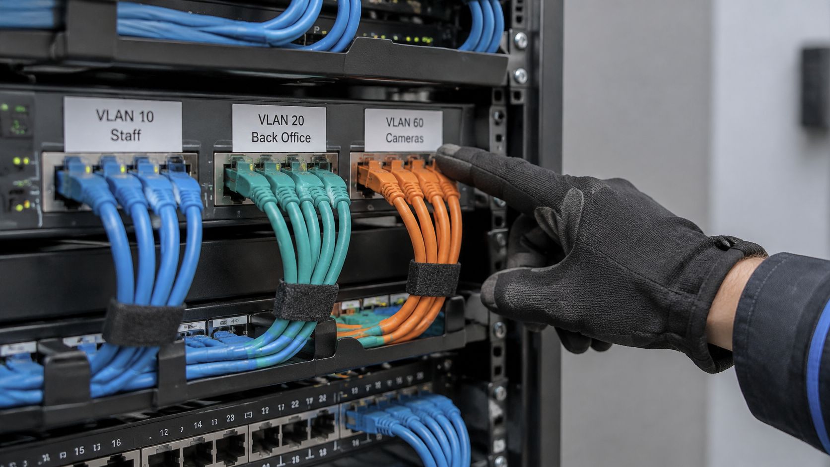 सर्व्हर रॅकमध्ये VLAN साठी लेबल केलेल्या नेटवर्क केबल्सकडे निर्देश करणारा काळा हातमोजे घातलेला तंत्रज्ञ.