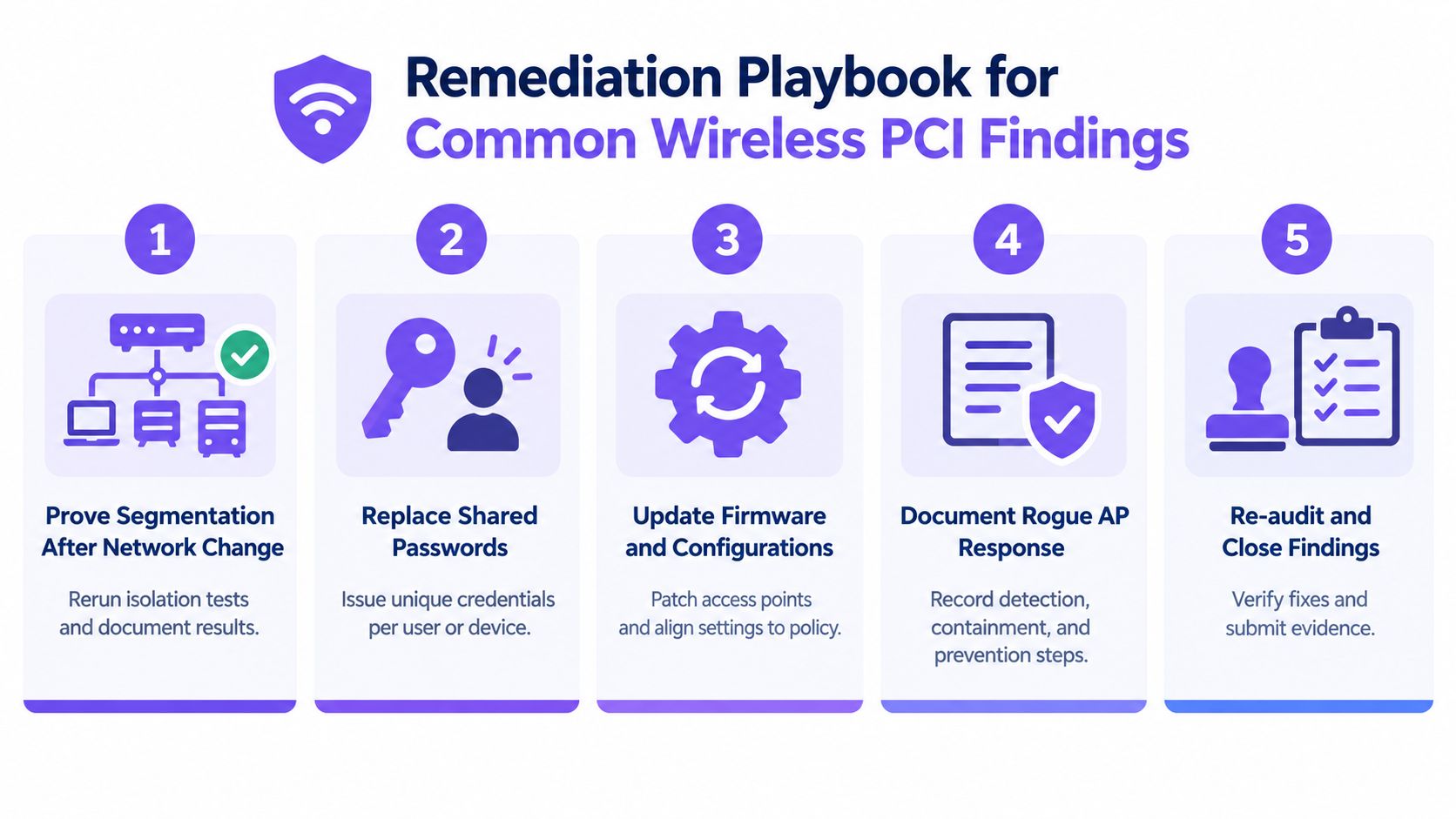 A five-step remediation playbook for managing common wireless PCI compliance findings in a corporate network environment.