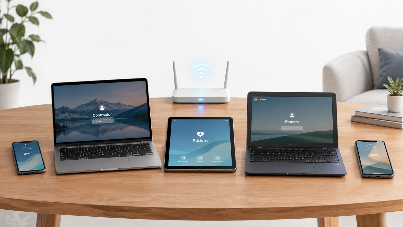 Multiple digital devices including laptops, tablets, and cell phones connected to a central WiFi router on a table.