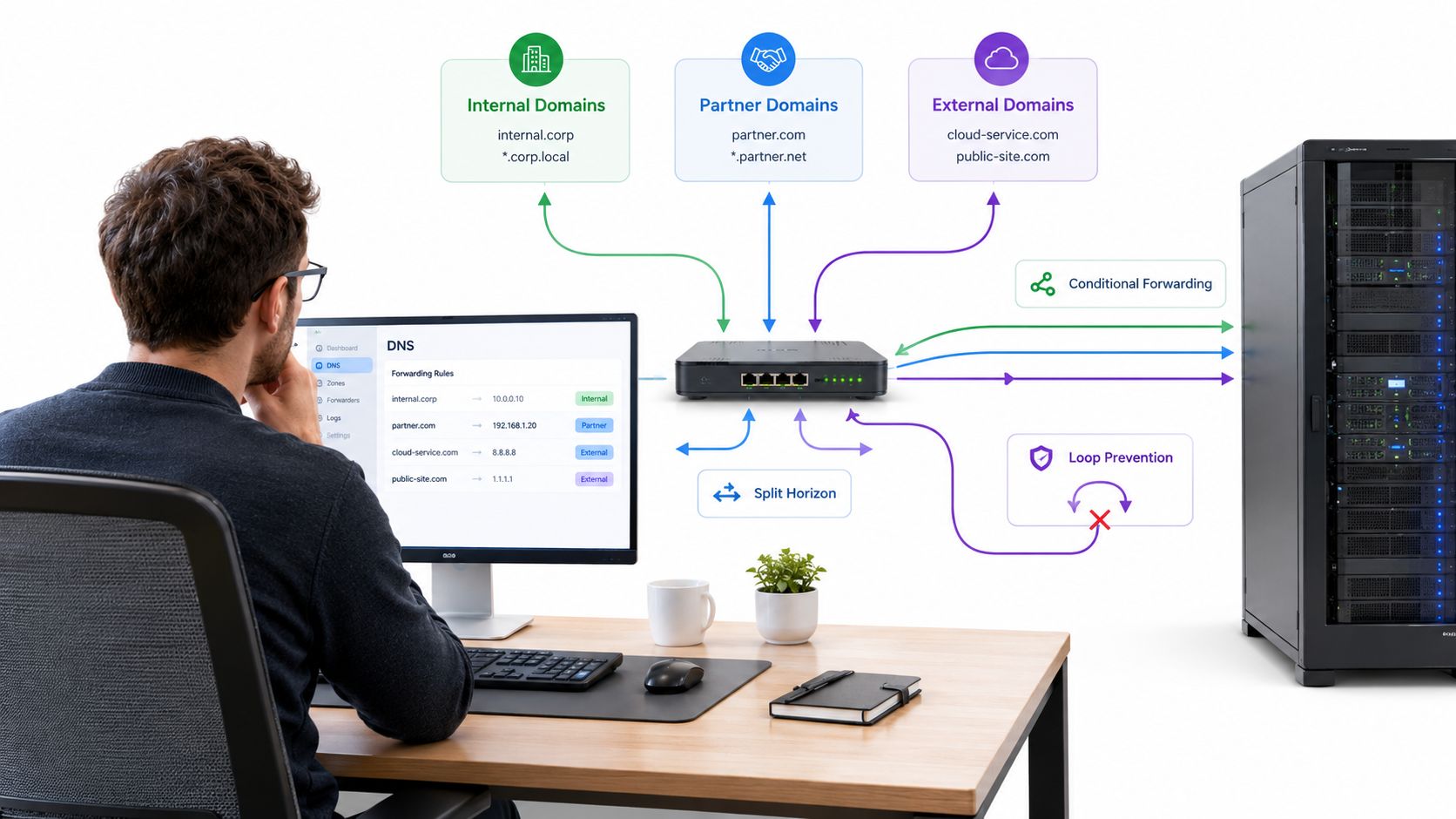 A professional working on a computer demonstrating DNS forwarding concepts with network infrastructure diagrams on screen.
