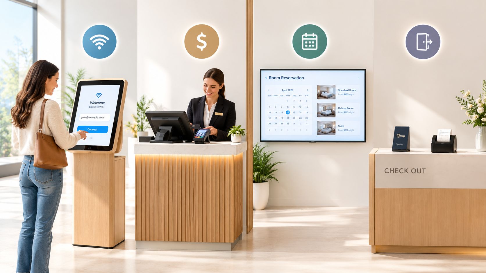 A woman interacting with a hotel lobby self-service kiosk near a reception desk with staff.