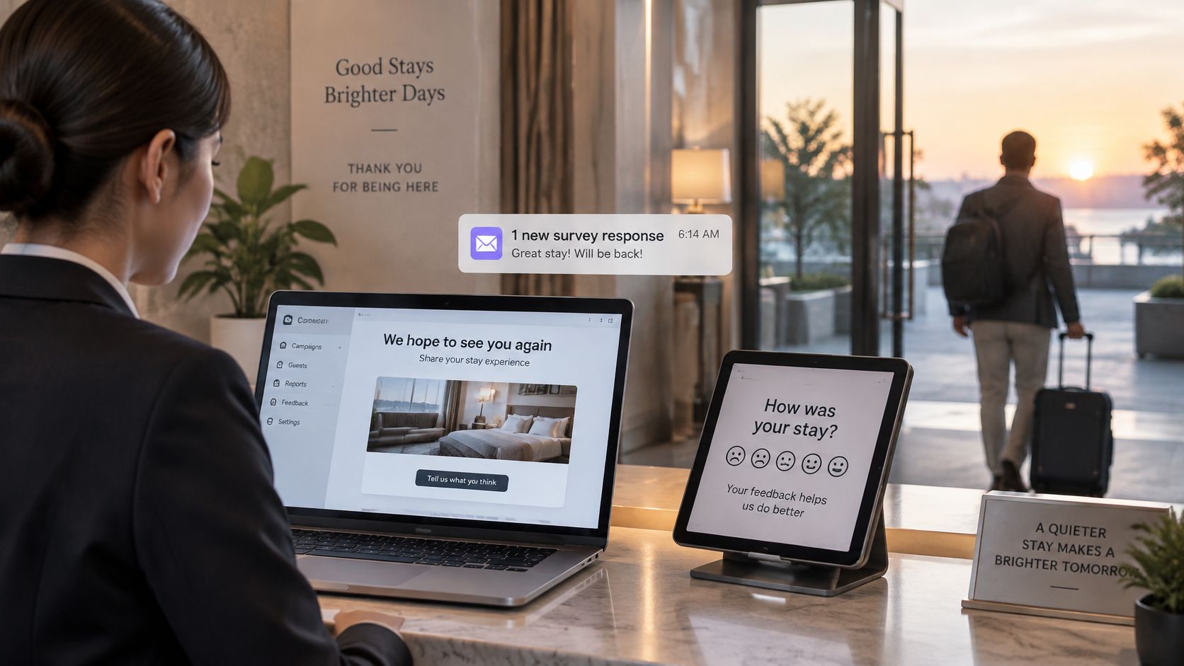 Un réceptionniste d'hôtel examinant les commentaires des clients sur un écran d'ordinateur portable pendant qu'un client quitte le hall.
