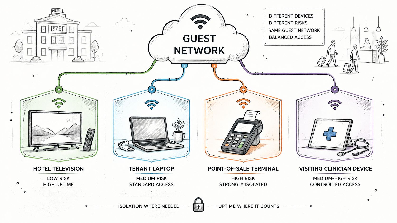 A diagram illustrating a secure guest network connecting various devices like televisions, laptops, and terminals to one system.