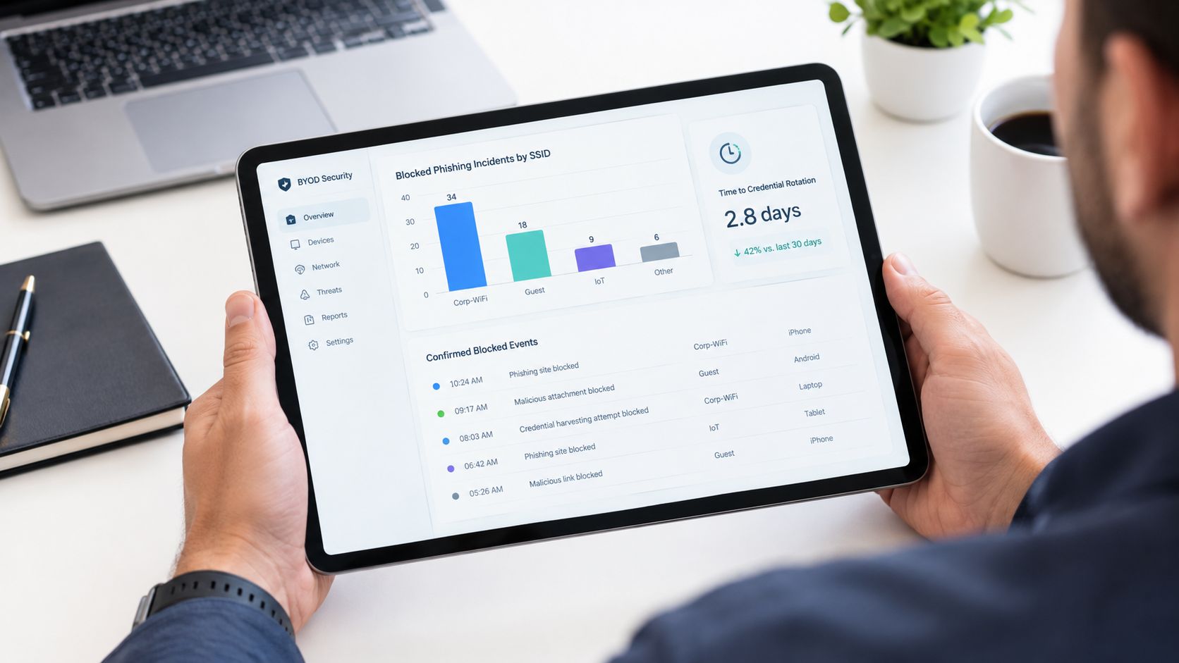 A person holding a tablet displaying a BYOD security dashboard with phishing incident data and device statistics.