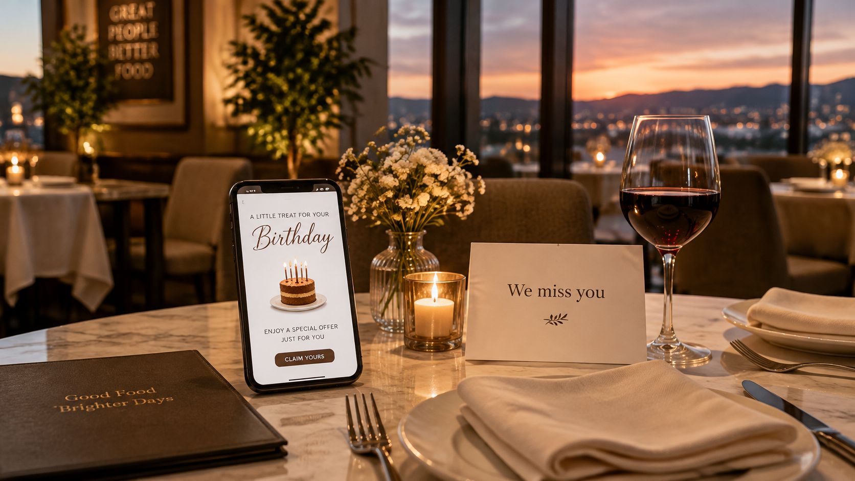 A restaurant table set for a special occasion featuring a smartphone with a birthday offer and a note.