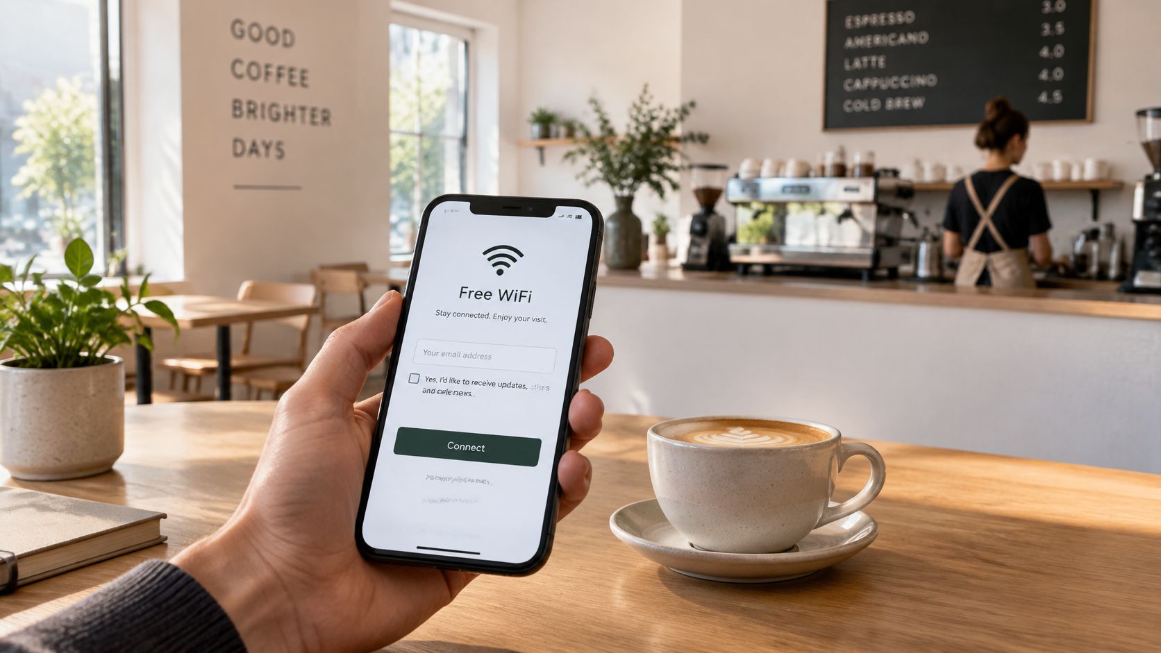 A hand holds a smartphone displaying a Free WiFi login page inside a cozy coffee shop setting.