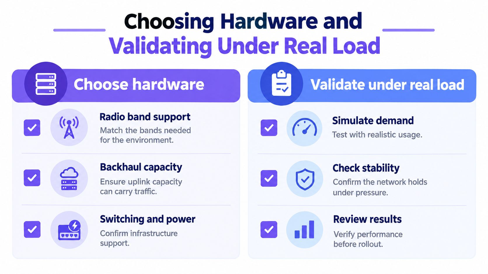 An infographic showing steps for choosing network hardware and validating system performance under real load conditions.