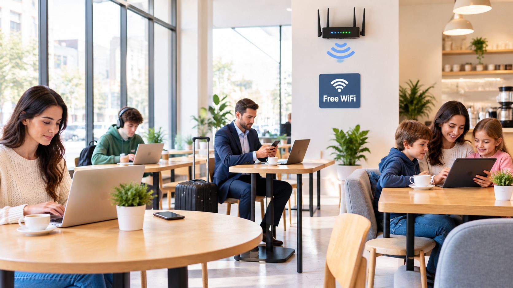 People working and studying on laptops and tablets in a modern, brightly lit cafe with WiFi.