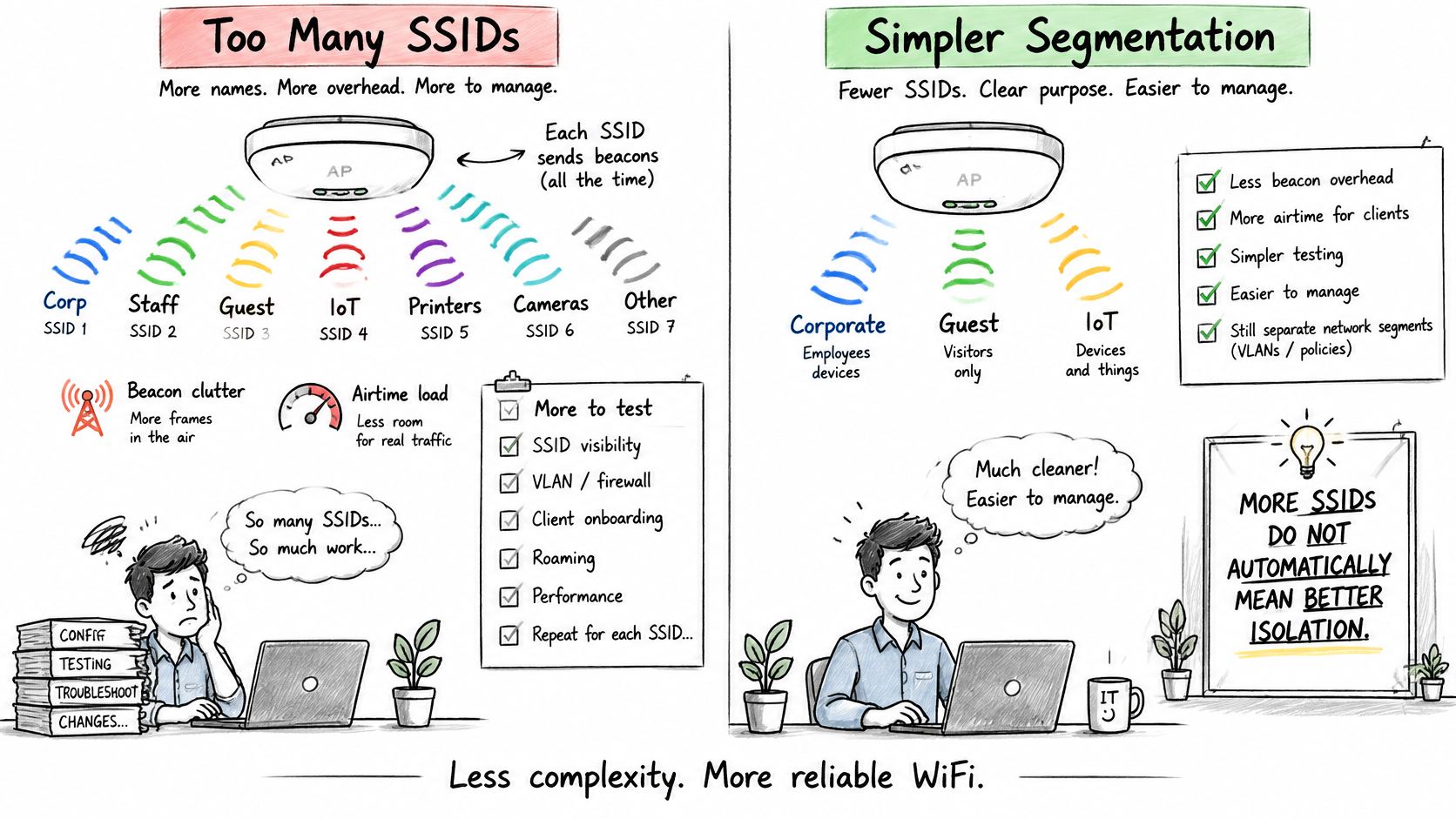ভালো পারফরম্যান্সের জন্য জটিল WiFi SSID সেটআপের সাথে সরলীকৃত, সহজে পরিচালনাযোগ্য নেটওয়ার্ক সেগমেন্টেশনের তুলনা করার একটি ইনফোগ্রাফিক।