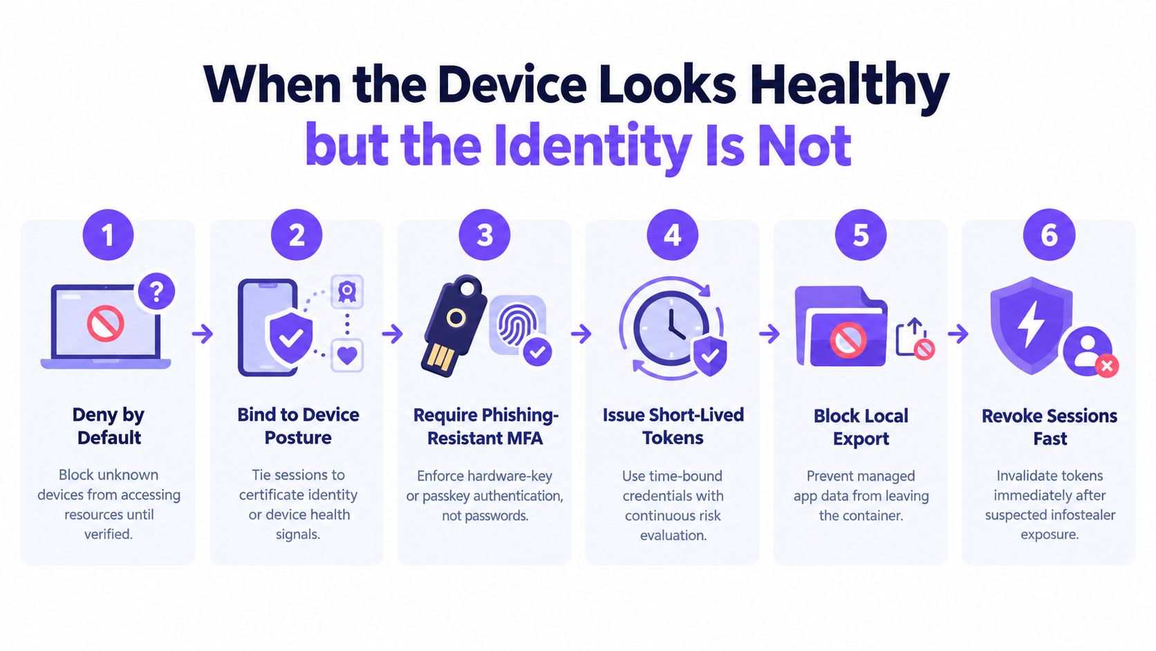 A six-step security workflow diagram showing how to protect business resources when device health is compromised.