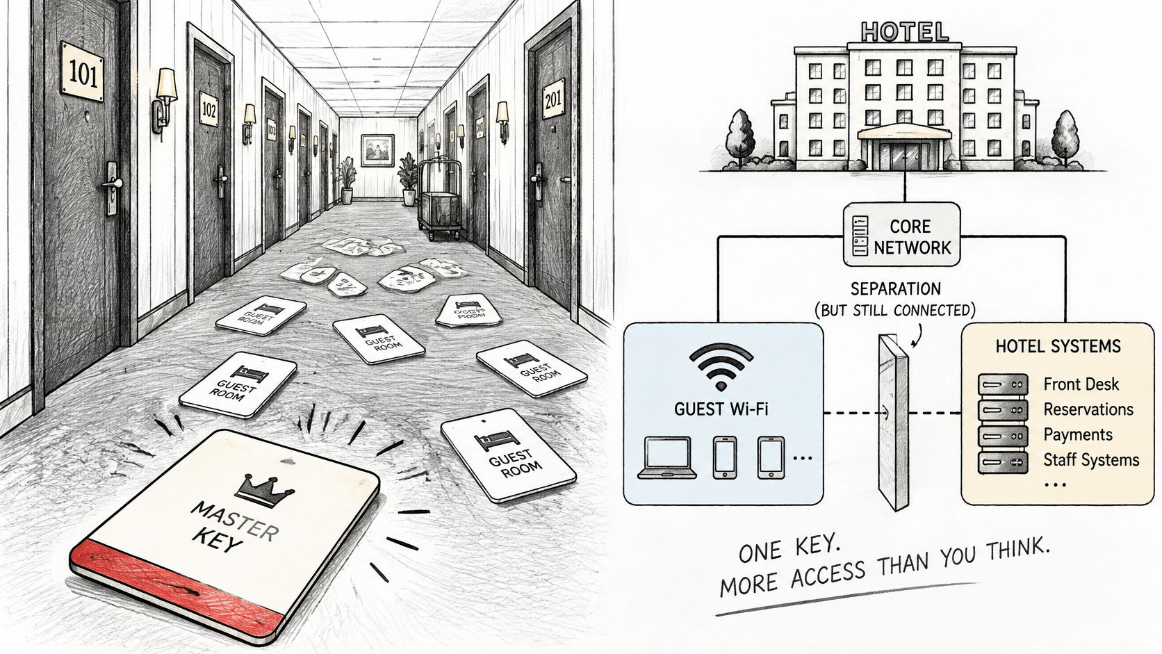 An illustration showing a hotel corridor with guest room keys and a diagram demonstrating hotel network security vulnerabilities.
