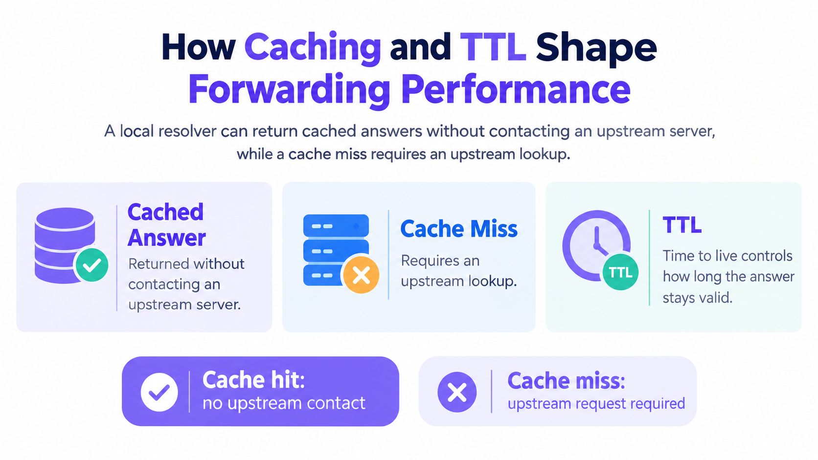 A diagram explaining how DNS caching and Time To Live settings impact forwarding performance and network lookup speeds.