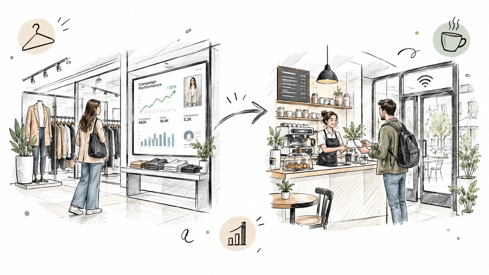 顯示零售門店分析儀表板轉變為咖啡館顧客體驗場景的數位插圖。