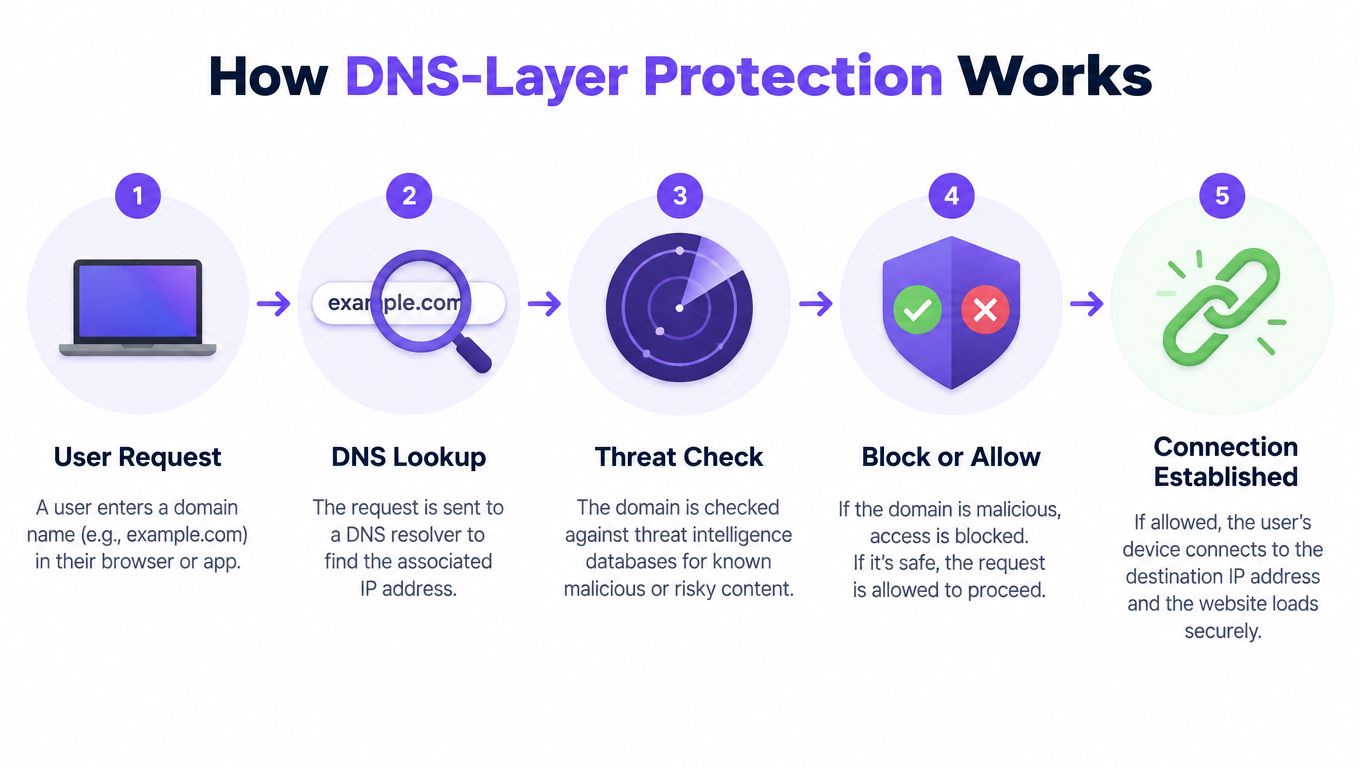说明 DNS 层保护系统如何验证网站请求以确保安全的五步流程图。