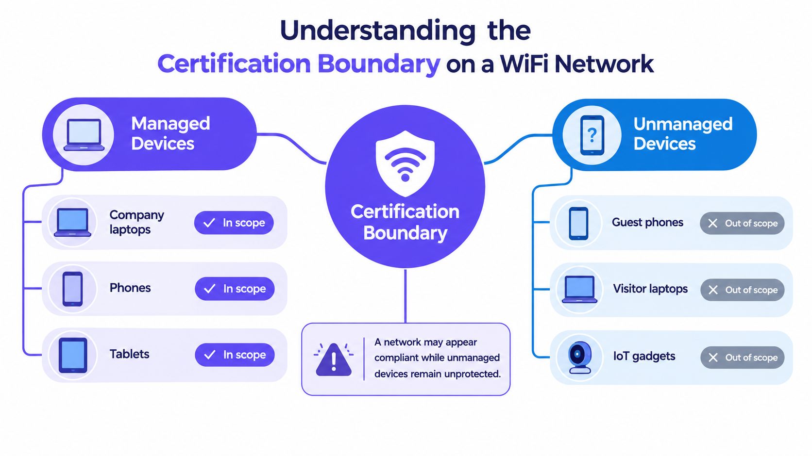 展示托管设备与非托管设备之间 WiFi 网络认证边界的图表。