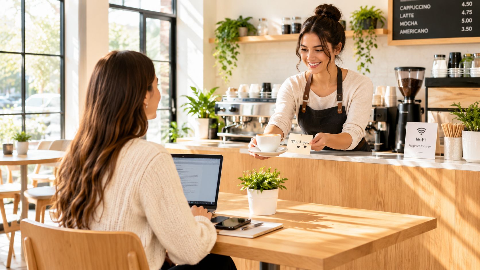 A friendly barista handing a cup of coffee and a thank you note to a customer.