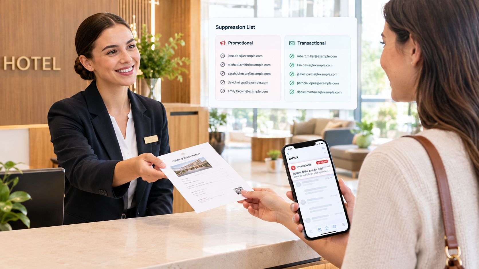 El recepcionista de un hotel entrega una confirmación de reserva en papel a un huésped que sostiene un teléfono inteligente que muestra marketing por correo electrónico.