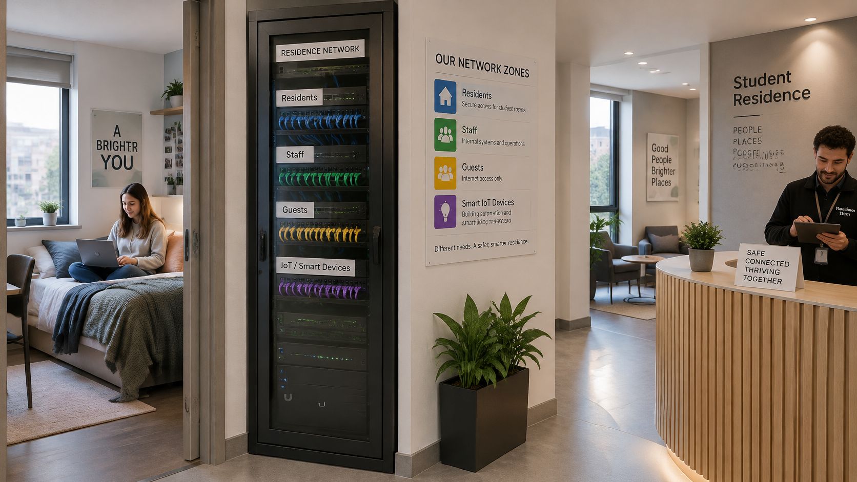 A modern Student Housing lobby featuring a network server cabinet with color-coded cables for residence zones.