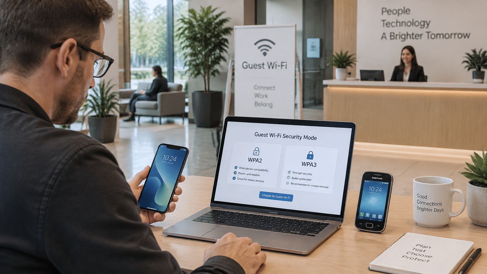 A professional man sits at a desk using a laptop and phone in a modern office lobby.