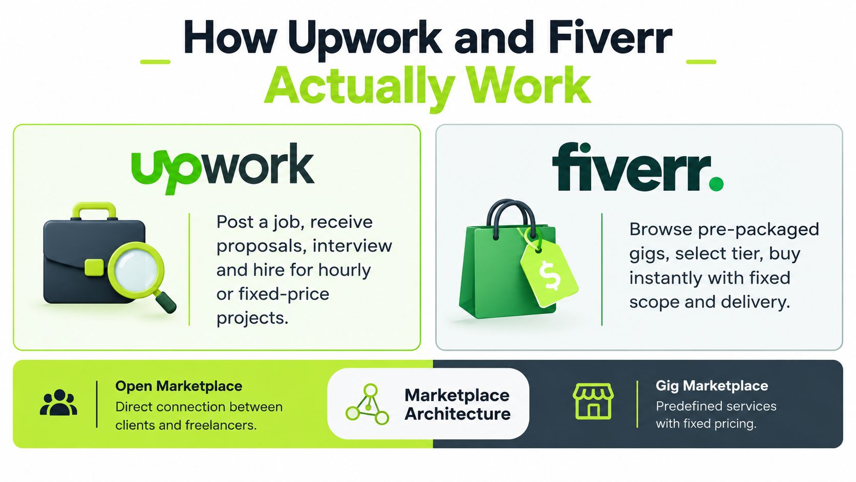 A comparison infographic showing how Upwork and Fiverr work as an open versus gig marketplace.