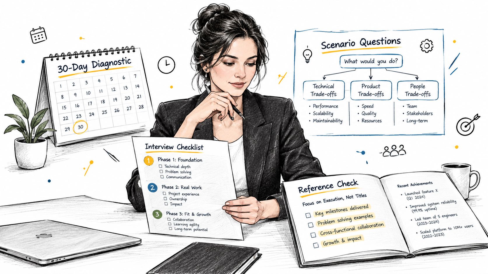 A professional woman planning a hiring strategy with a 30-day diagnostic checklist and interview preparation notes.