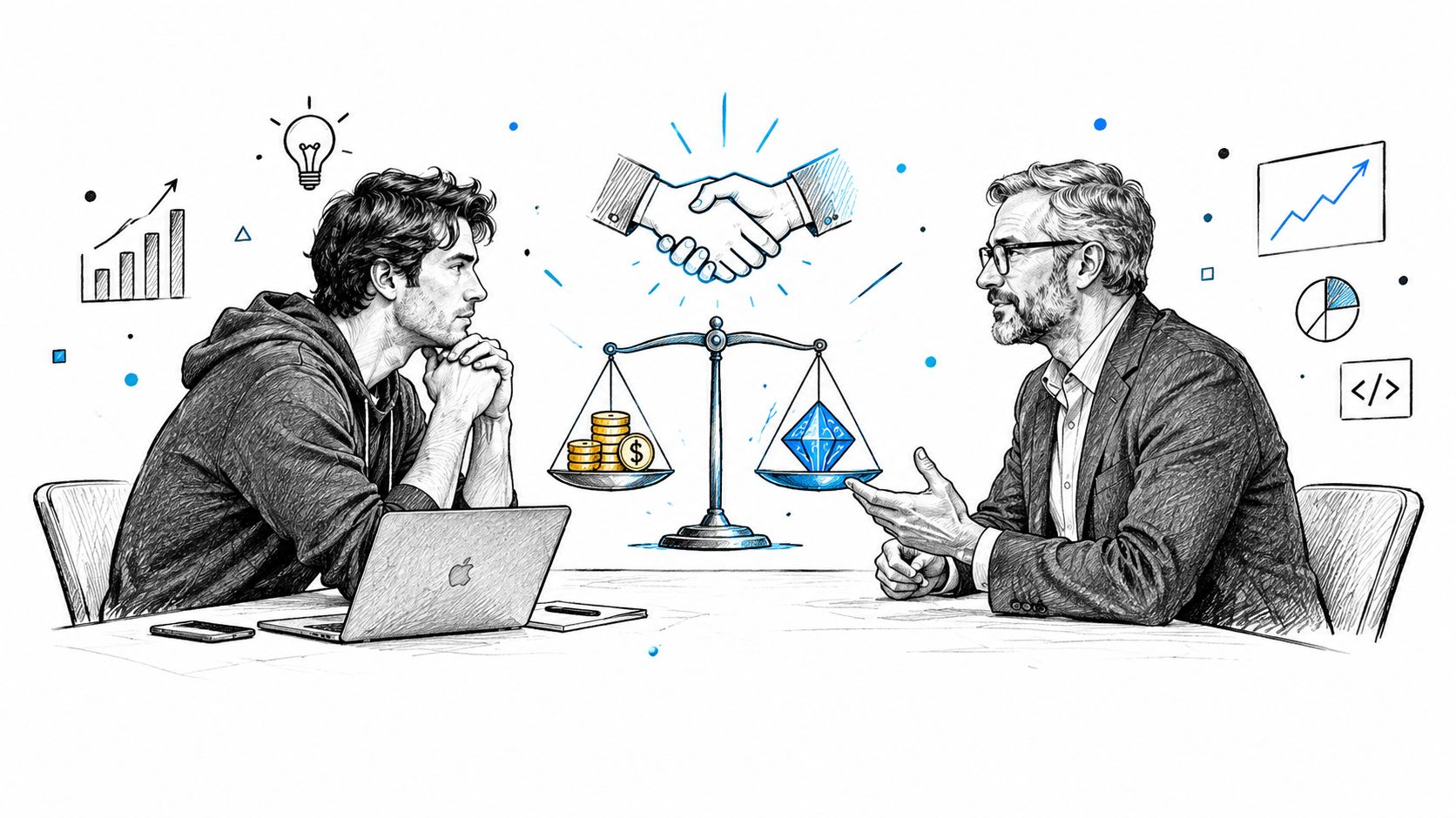 A young professional in a hoodie and an older businessman in a suit discussing value and equity.