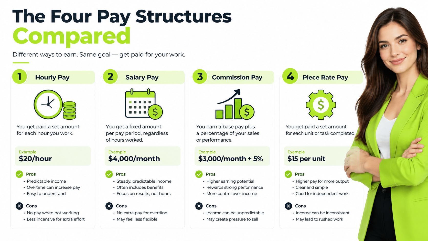 An infographic comparing four different types of pay structures: hourly, salary, commission, and piece rate.