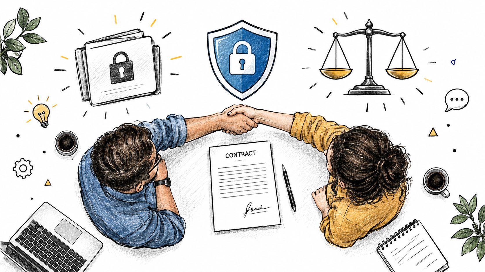 Two people shaking hands over a business contract, surrounded by digital security and legal icons.