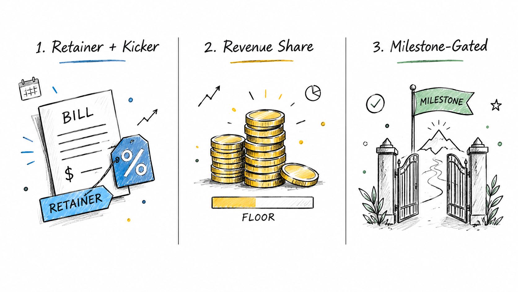 A diagram illustrating three business payment models: Retainer plus Kicker, Revenue Share with floor, and Milestone-Gated payments.