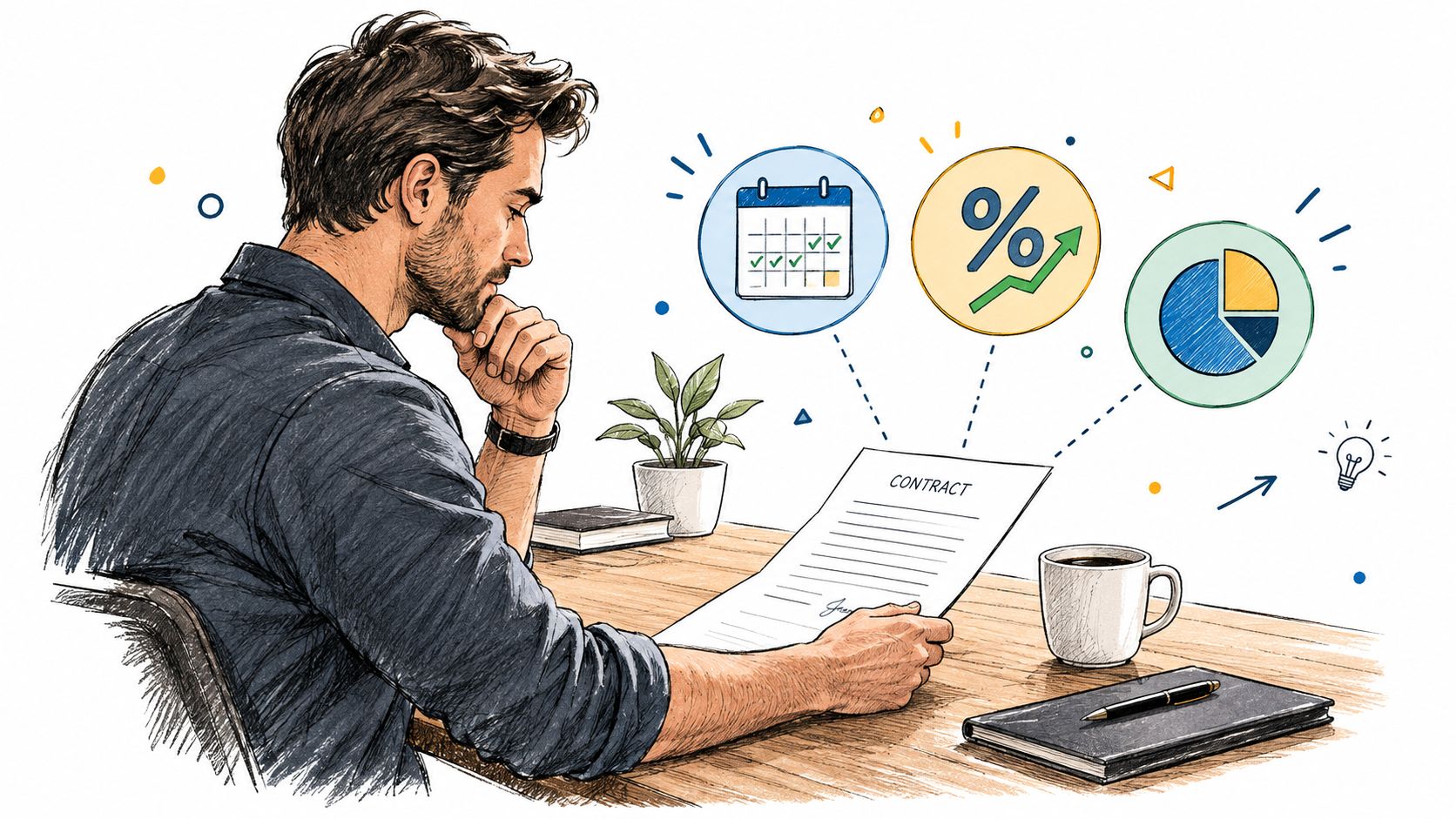 A professional man sitting at a desk reviewing a contract with business icons floating above.