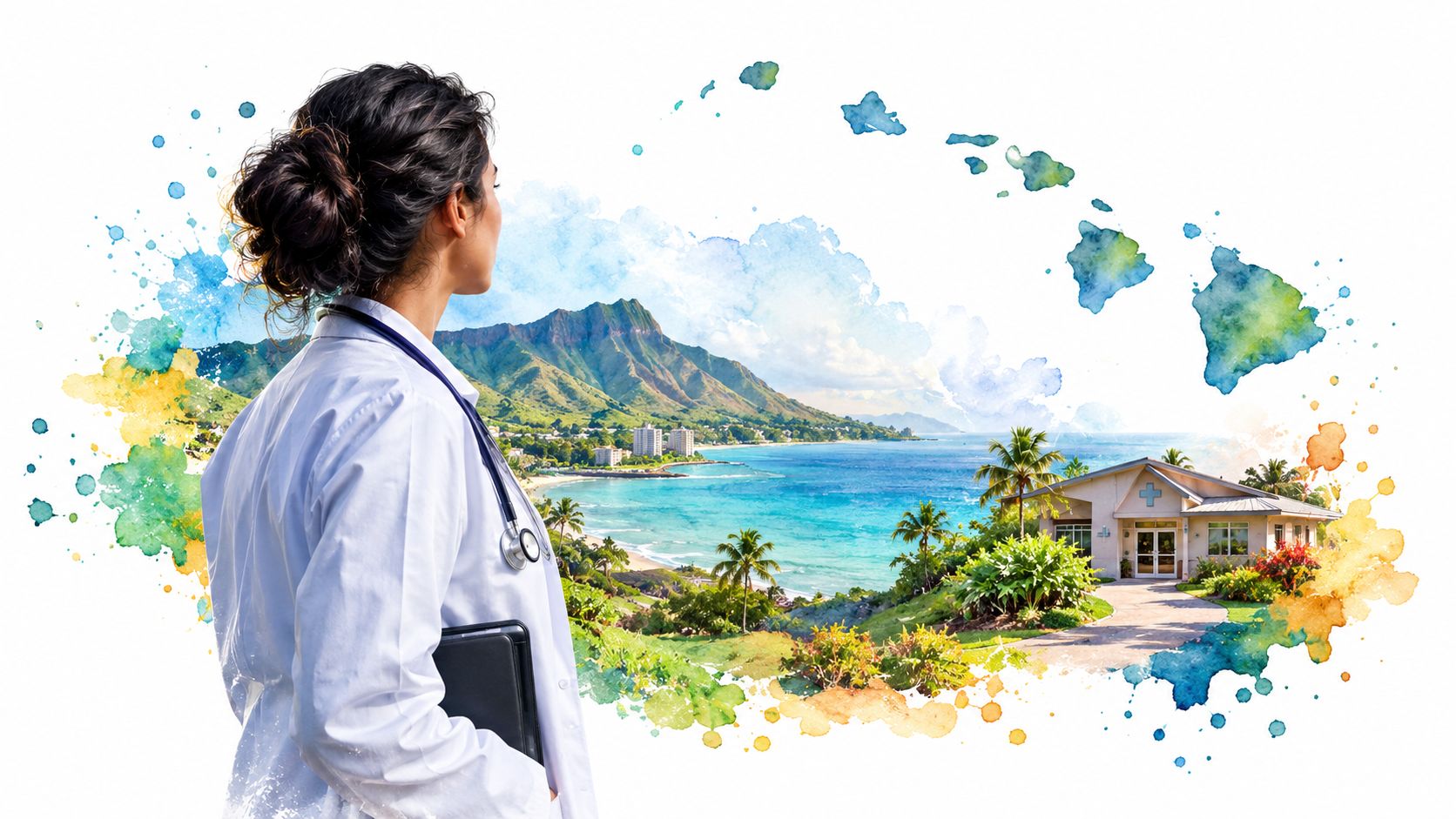 A professional doctor looking out towards a beautiful Hawaiian coastal landscape with a medical clinic nearby.