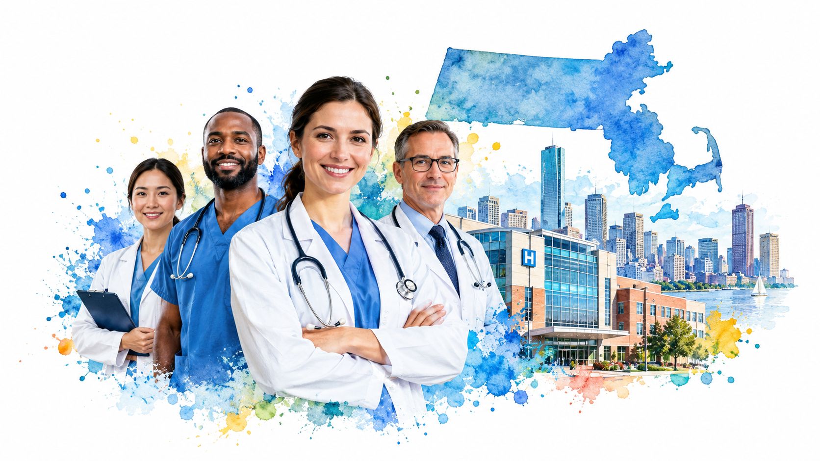 A diverse group of four smiling medical professionals standing in front of a Massachusetts state map background.