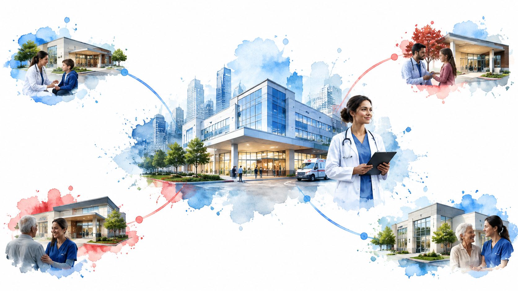 A digital illustration showing a central hospital connected to four satellite clinics by network lines.
