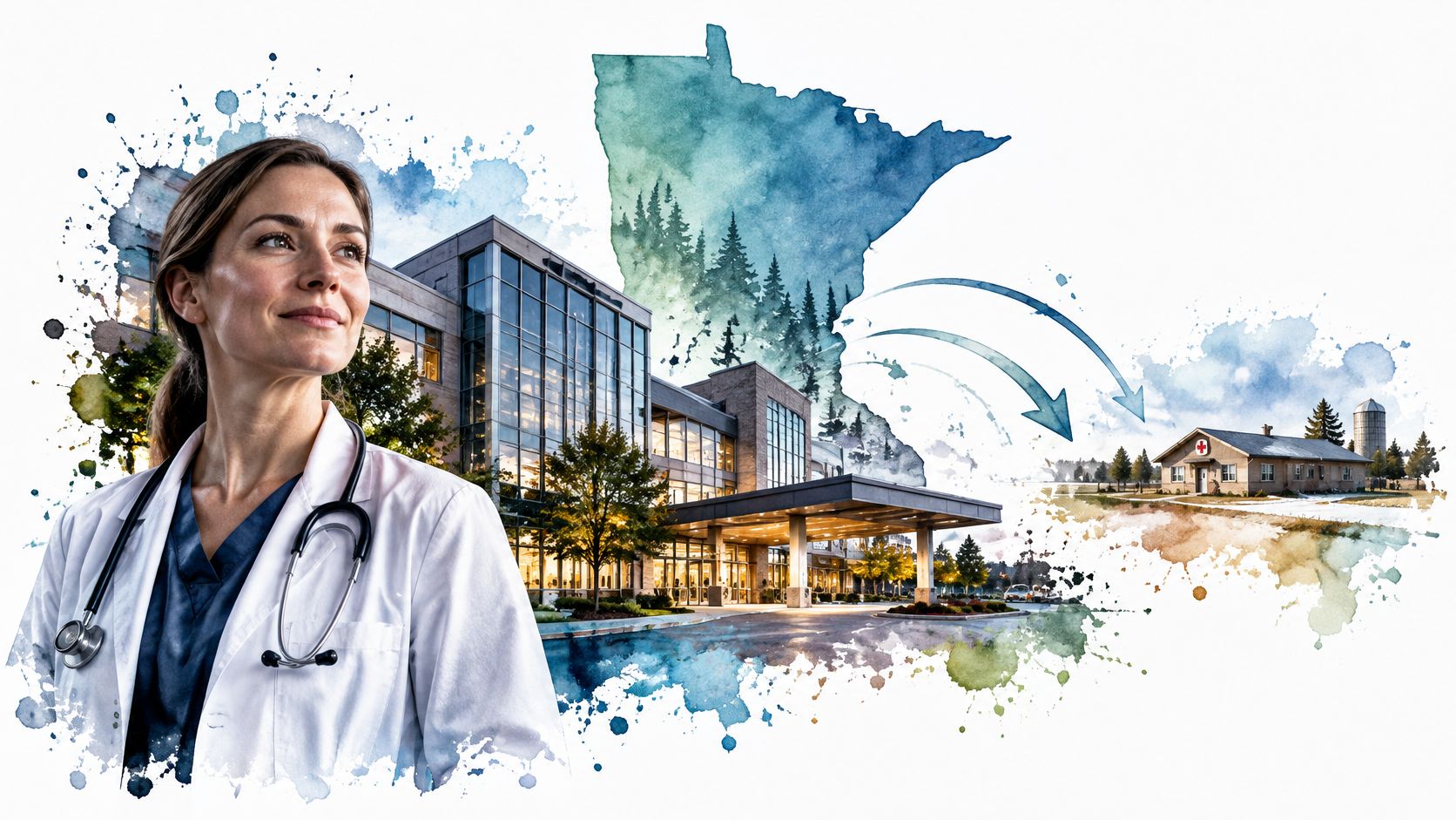 A female physician standing before a large hospital and a rural clinic with a Minnesota state map.