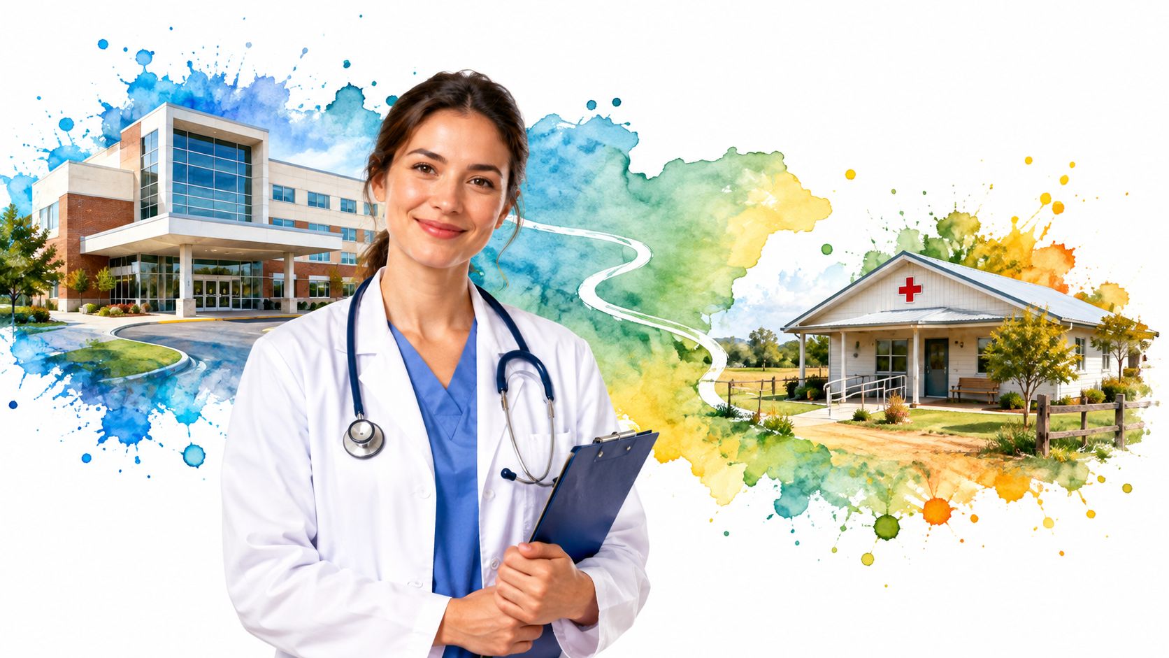 A smiling female doctor holding a clipboard, standing between a modern hospital and a rural medical clinic.