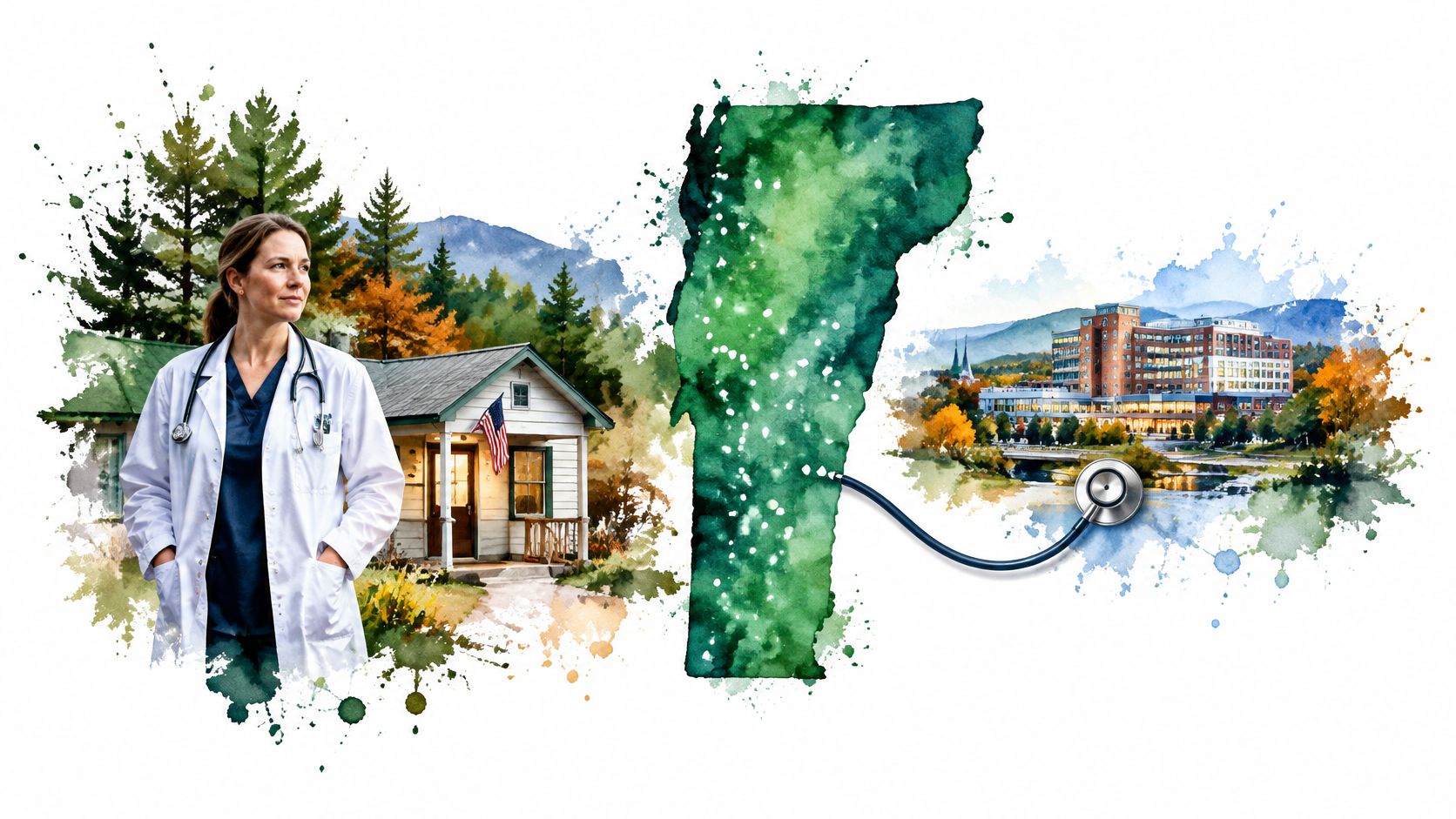 A watercolor illustration depicting a doctor standing near a home and a stethoscope examining Vermont map.