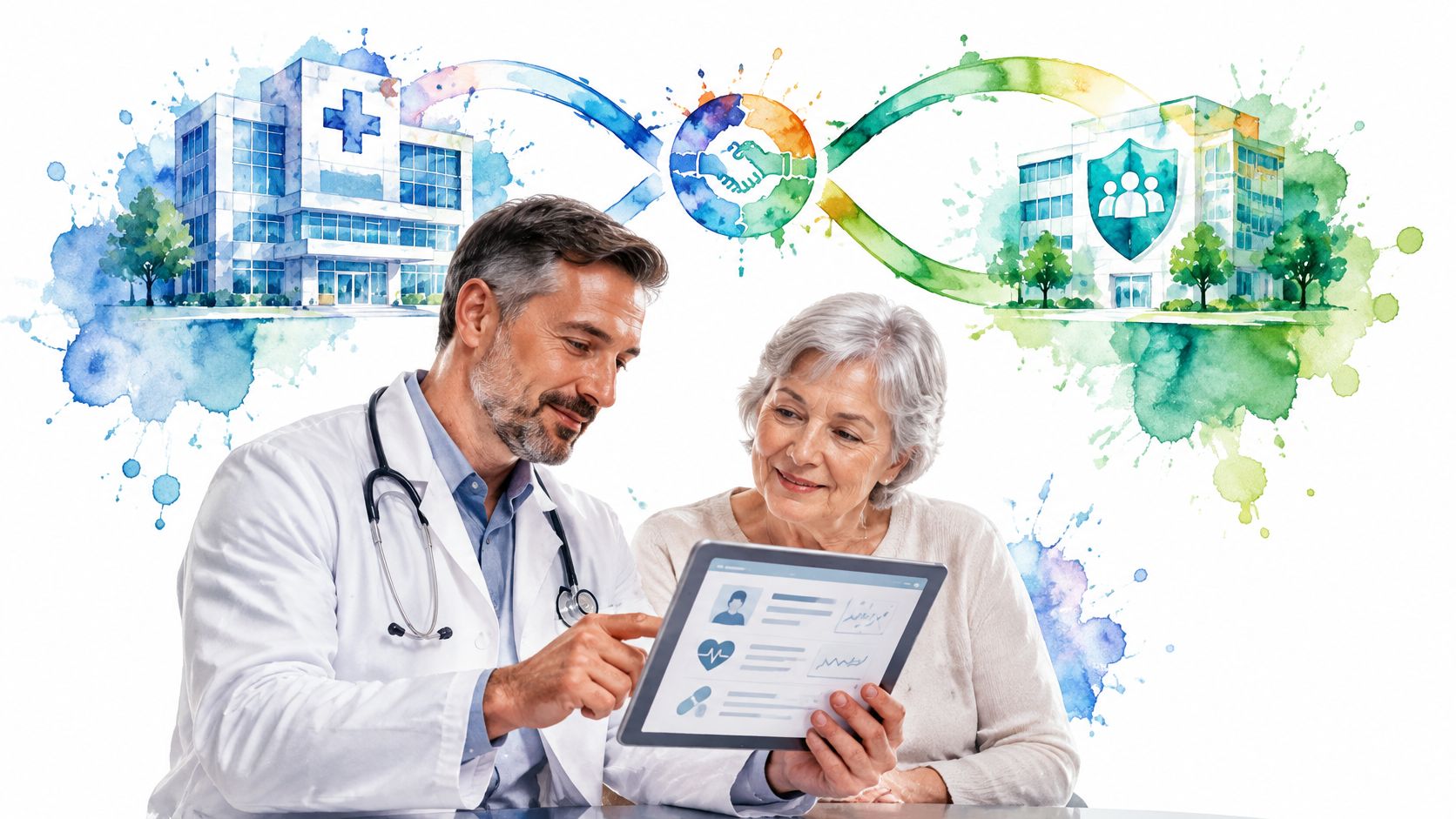 A doctor showing a senior female patient her medical data on a tablet in a clinical setting.
