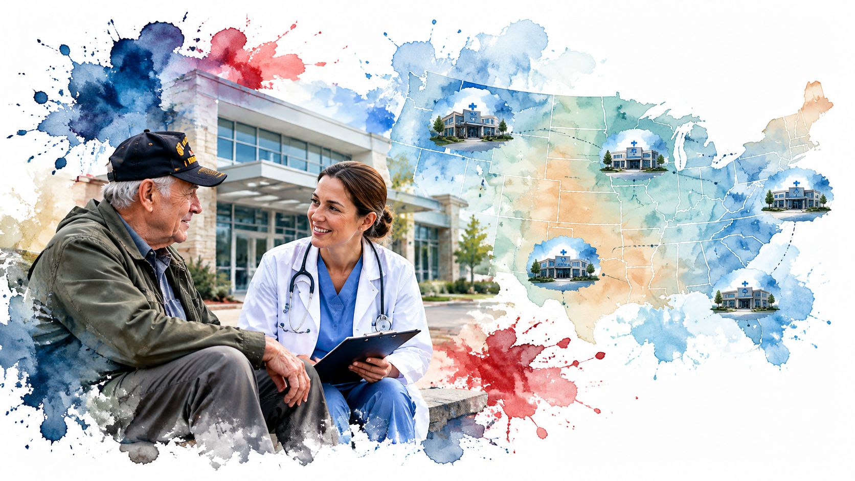 A female doctor speaking with an elderly veteran in front of a medical facility with a US map.