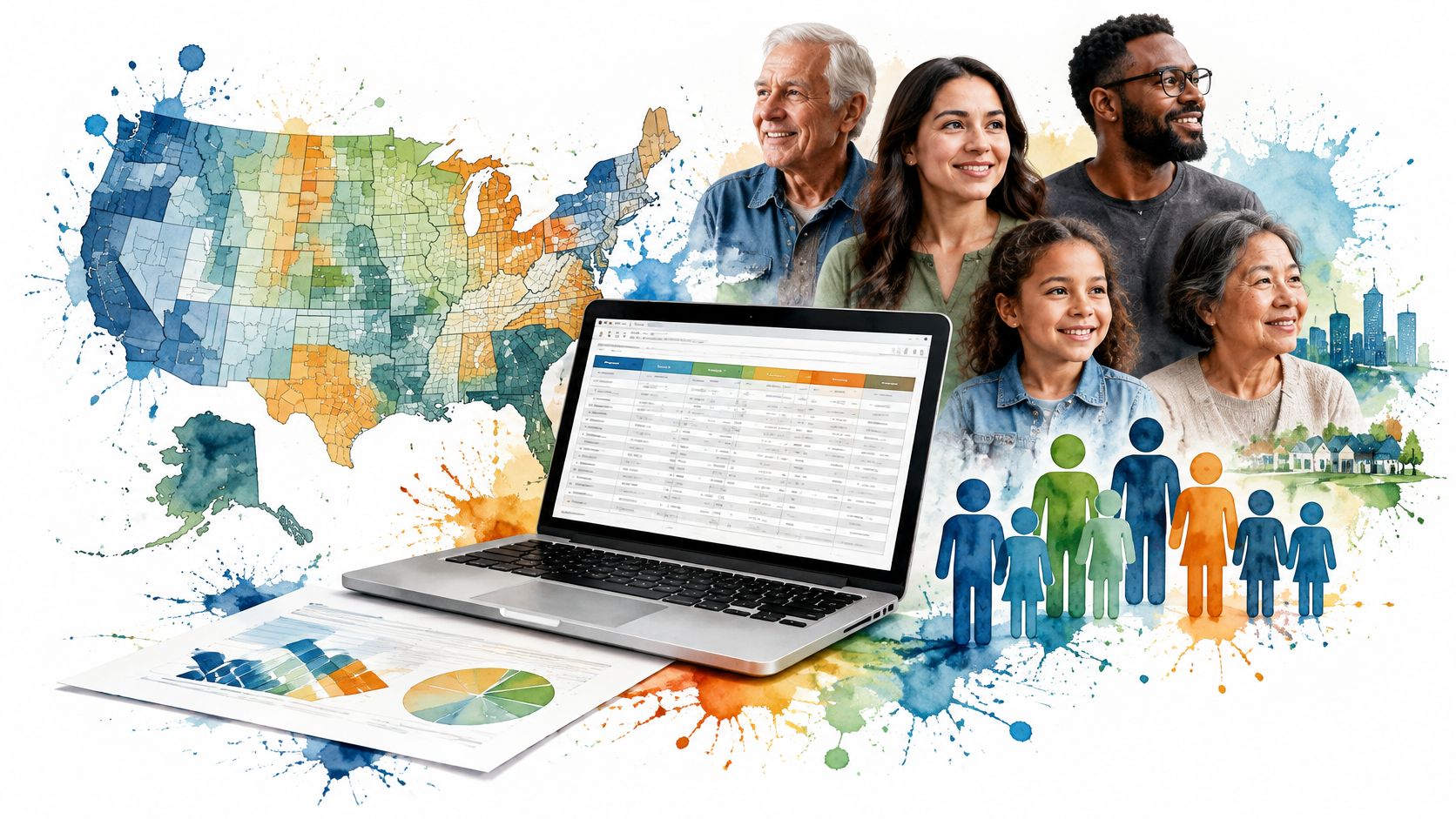 A digital illustration featuring a map, data dashboard, and diverse group of people representing community demographics.