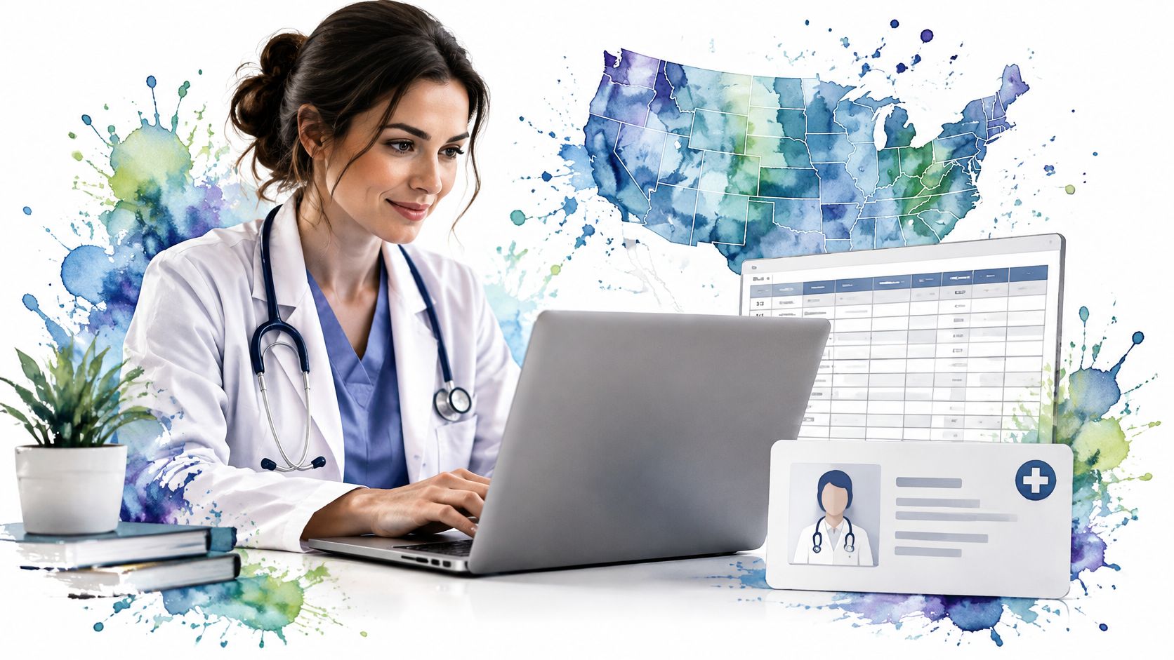 A female doctor using a laptop with a digital map of the United States and medical records.