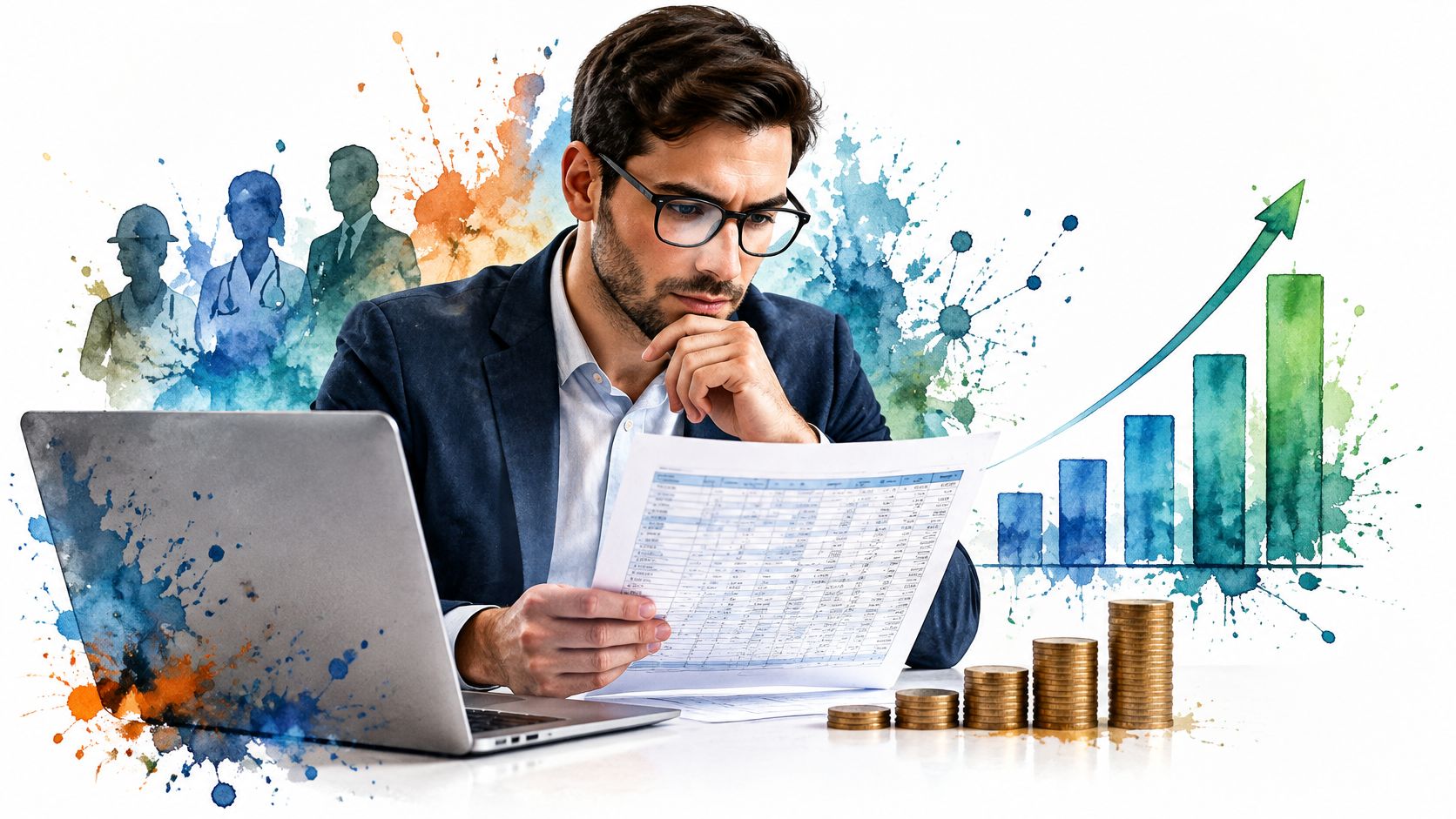 A professional man in a suit analyzing financial documents and data on his laptop with growth charts.