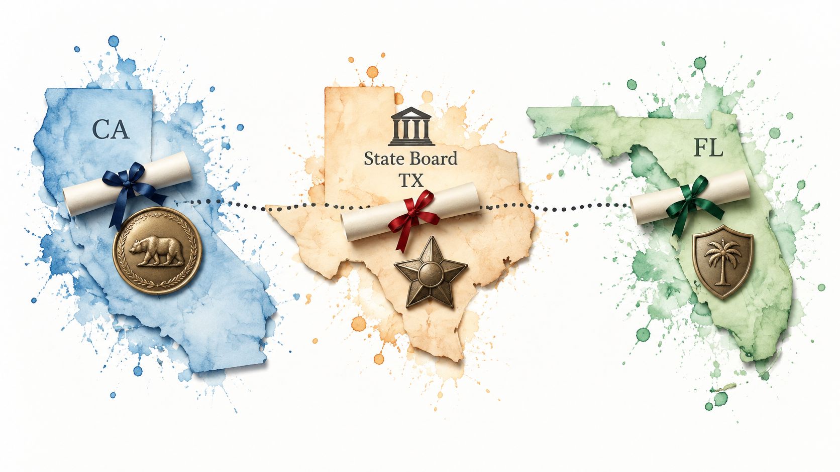 Conceptual illustration showing three state maps of California, Texas, and Florida connected by a dotted line.