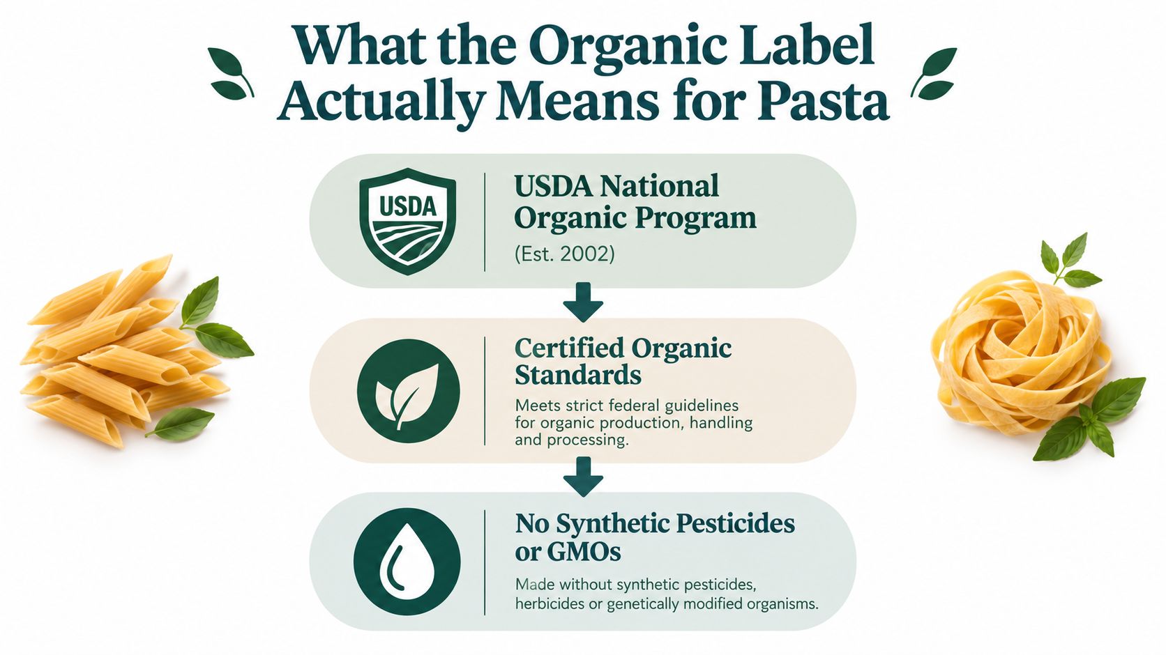 An infographic titled What the Organic Label Actually Means for Pasta, explaining USDA organic certification standards.