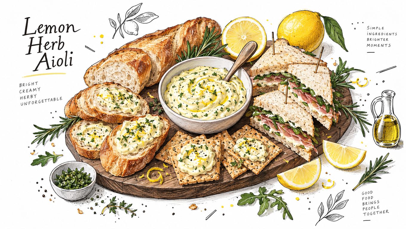 A rustic wooden platter features fresh lemon herb aioli, crusty baguette slices, crackers, and gourmet sandwiches.